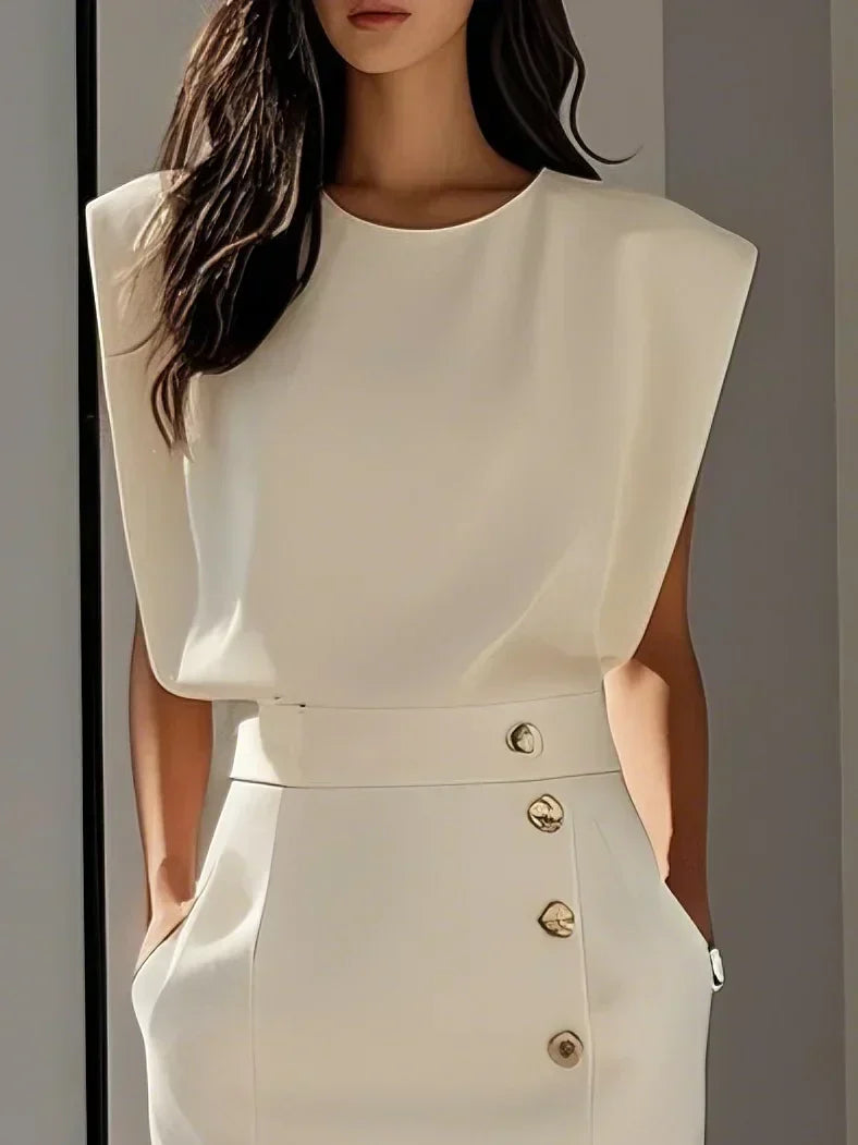 Marlene | Solid Midi Dress with Button Slit and Round Neckline