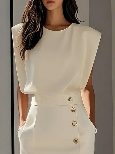 Marlene | Solid Midi Dress with Button Slit and Round Neckline