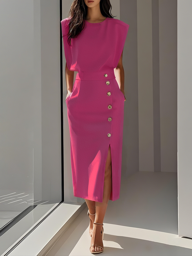 Marlene | Solid Midi Dress with Button Slit and Round Neckline