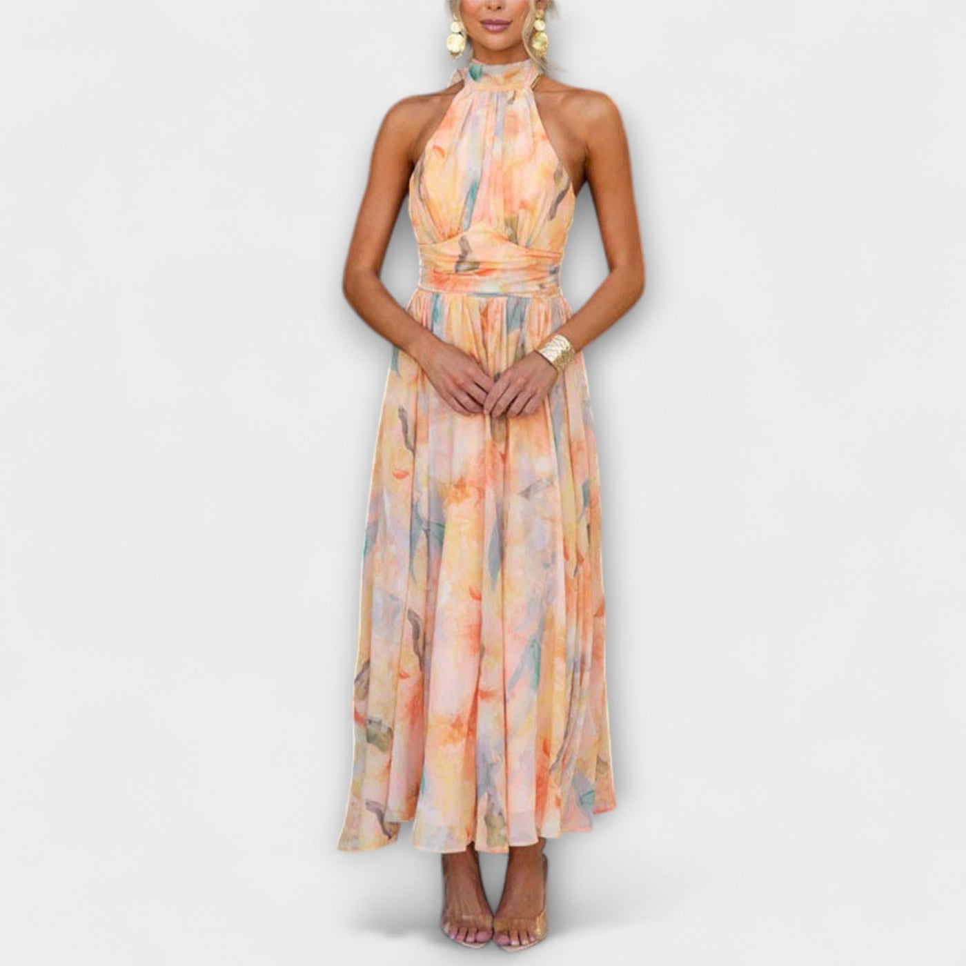 Neck Open Back Waist Watercolour Print Maxi Dress