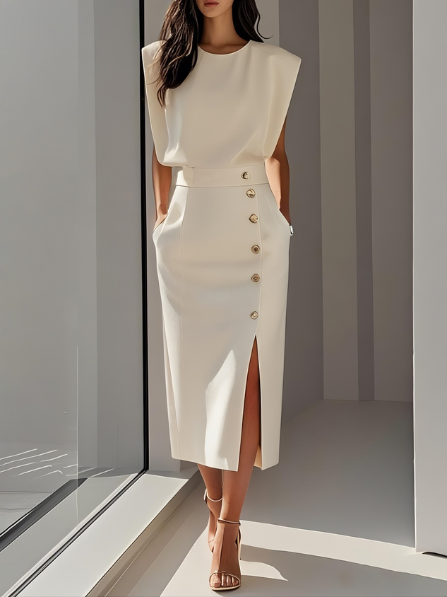 Marlene | Solid Midi Dress with Button Slit and Round Neckline