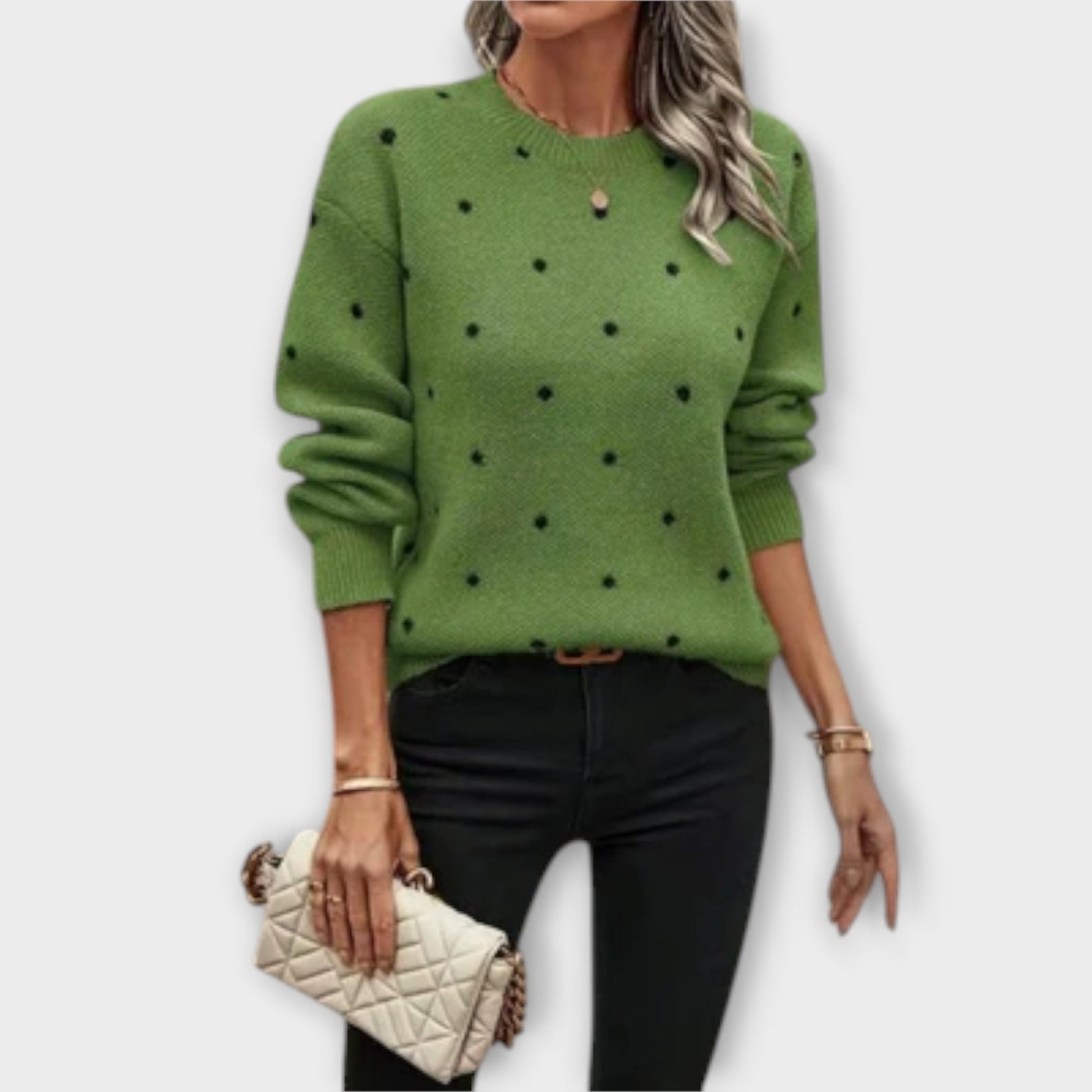 Casual long-sleeve knitted jumper with polka dot pattern
