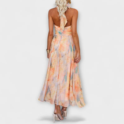 Neck Open Back Waist Watercolour Print Maxi Dress