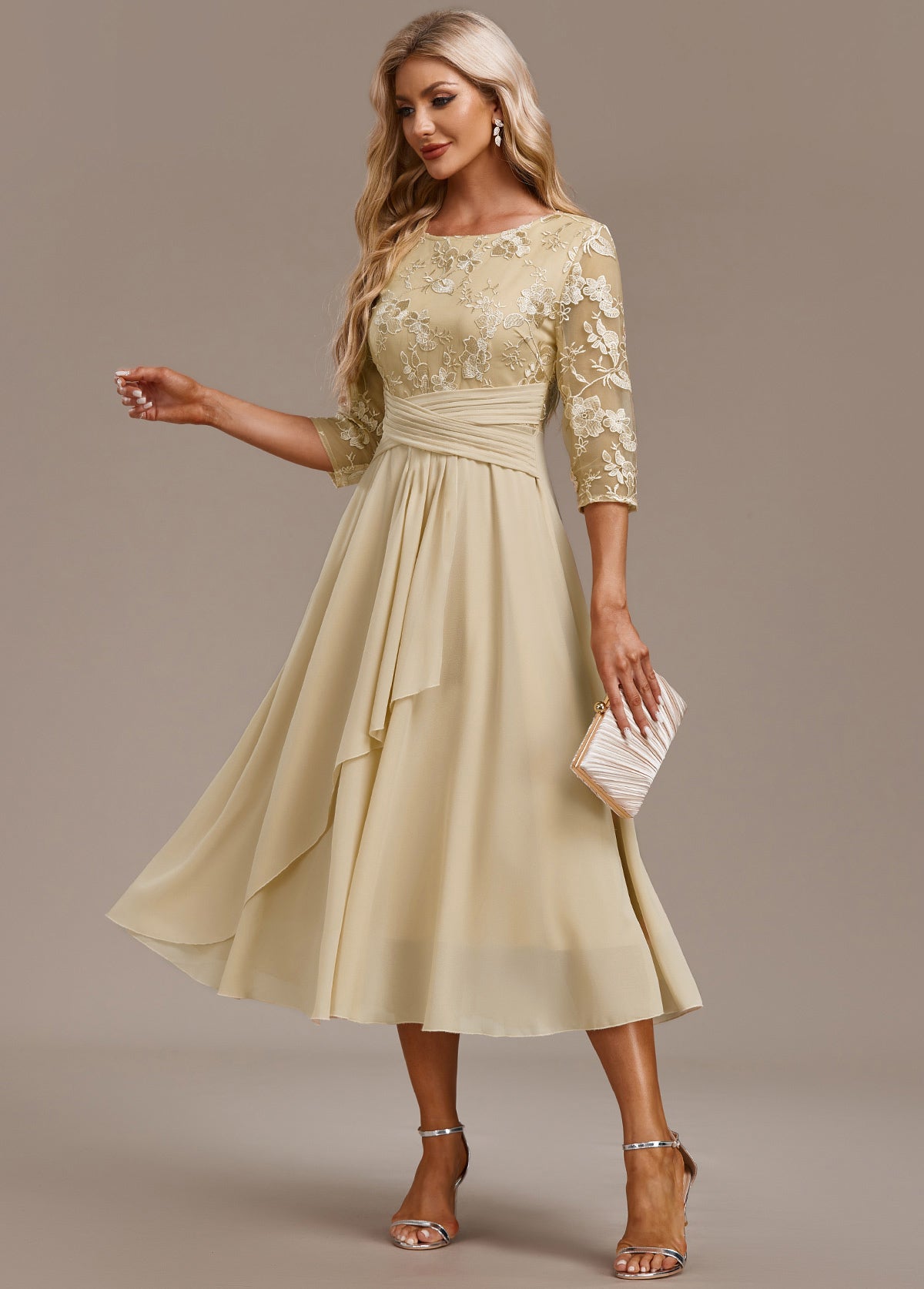 Alisa Champagne Embroidery 3/4 Sleeve Round Neck Dress