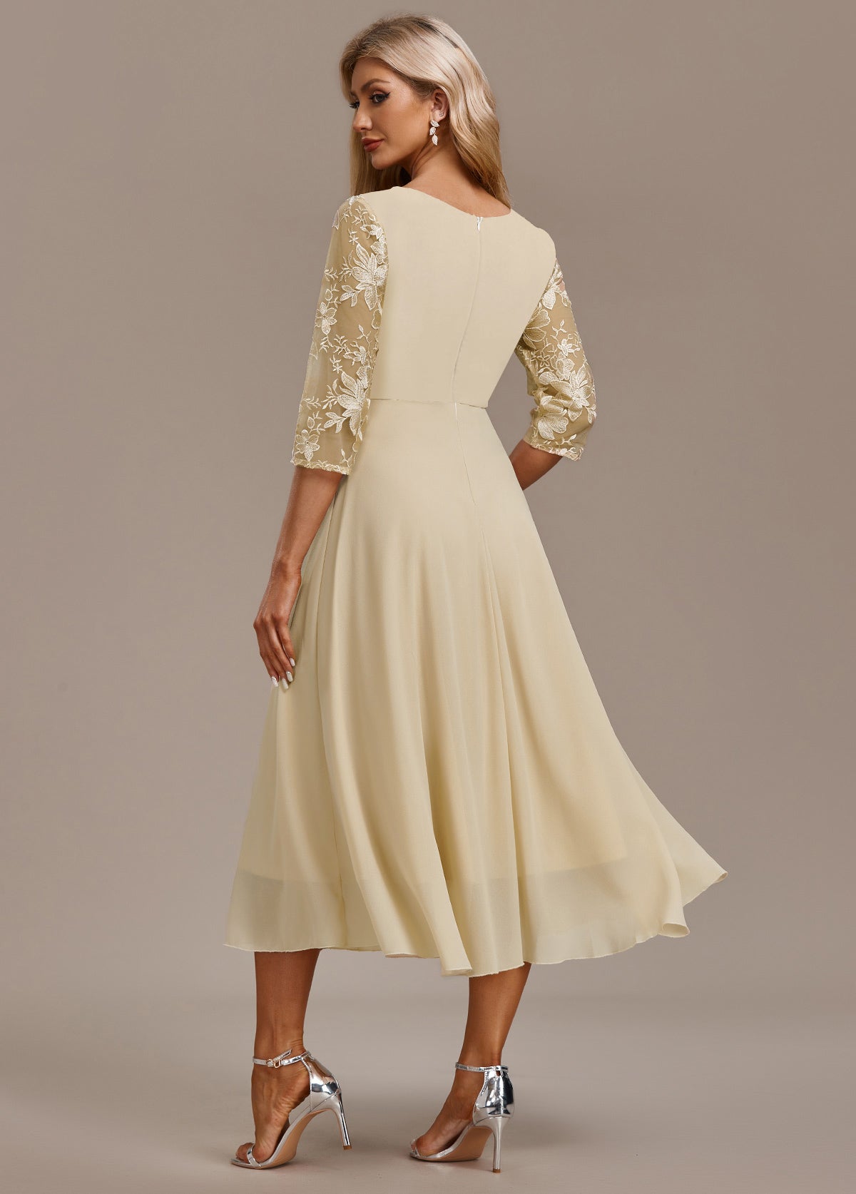 Alisa Champagne Embroidery 3/4 Sleeve Round Neck Dress