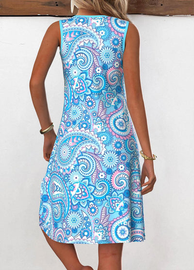 Roia Light Blue Eyelet Tribal Print A Line Sleeveless Dress