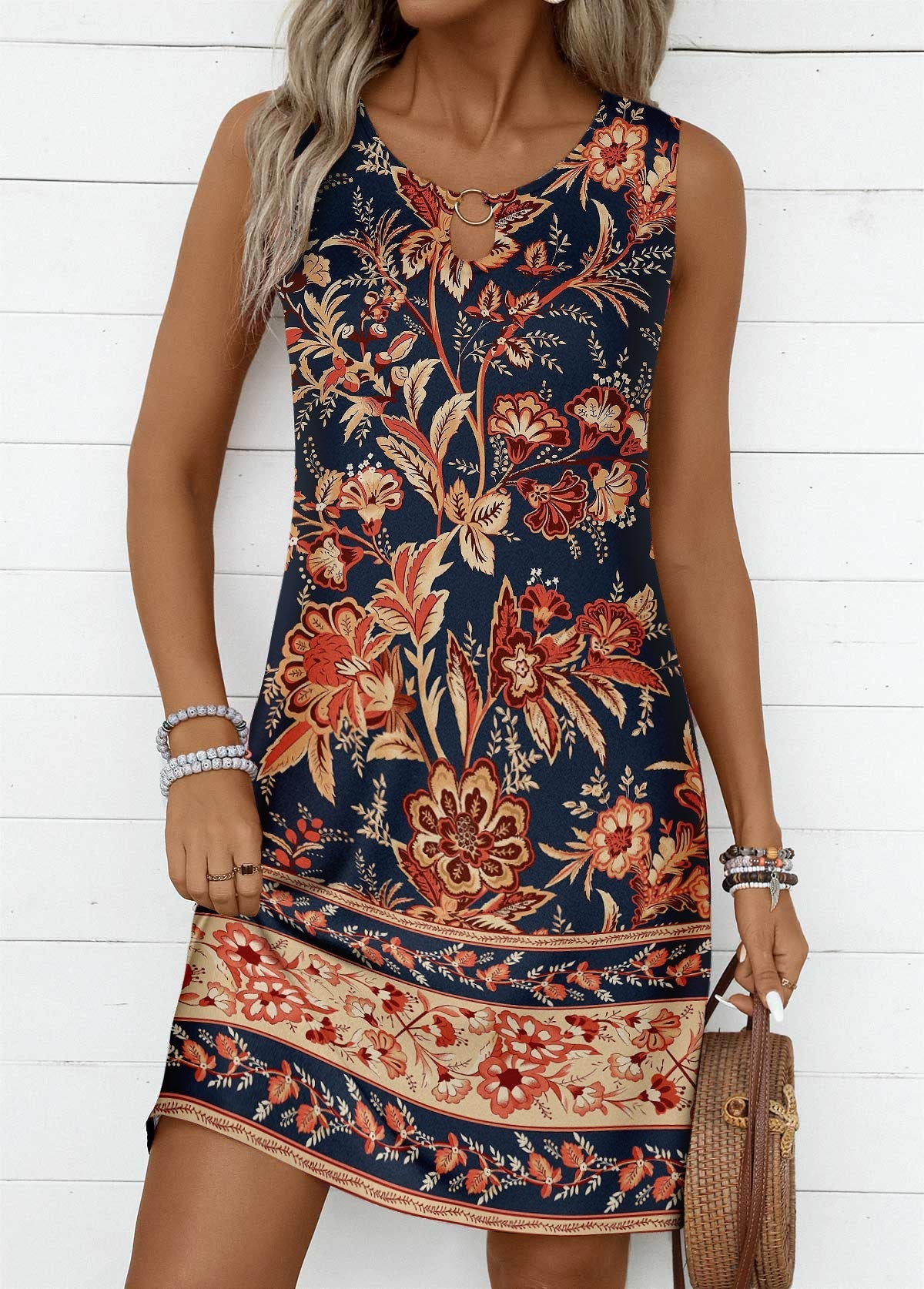 Laiso Coral Circular Ring Tribal Print Sleeveless Round Neck Dress