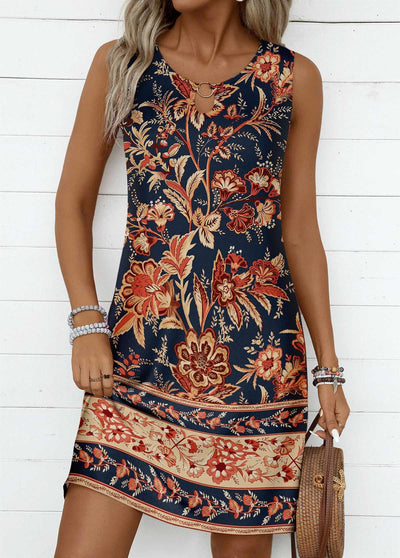 Laiso Coral Circular Ring Tribal Print Sleeveless Round Neck Dress