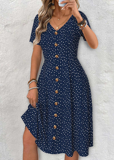 Claire Navy Polka Dot Short Sleeve V Neck Dress