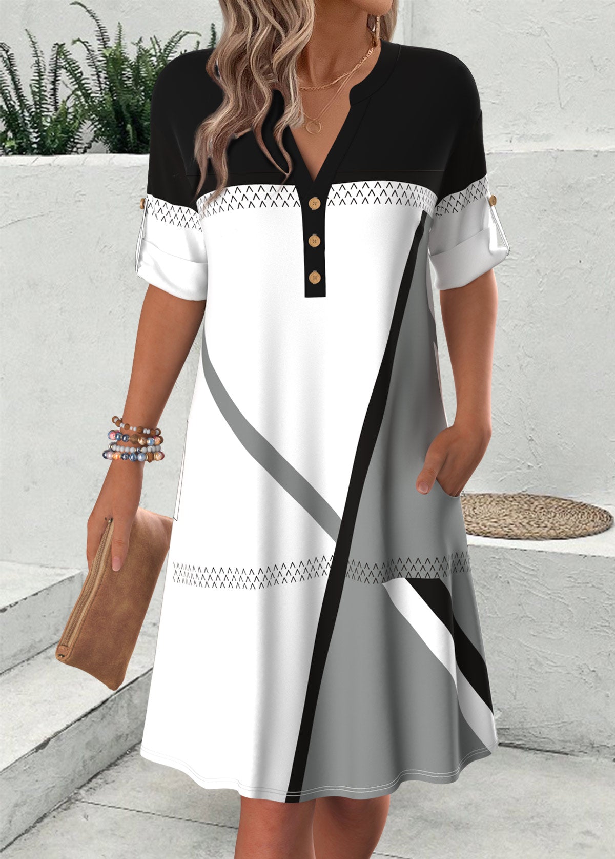 Flaire Multi Color Geometric Print Short Sleeve Split Neck Dress