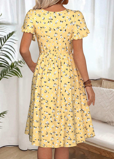 Anabel Yellow Ditsy Floral Print Short Sleeve Boat Neck Dress
