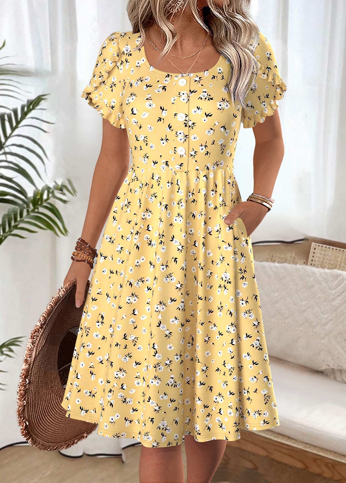 Anabel Yellow Ditsy Floral Print Short Sleeve Boat Neck Dress