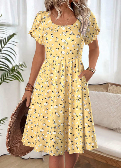 Anabel Yellow Ditsy Floral Print Short Sleeve Boat Neck Dress