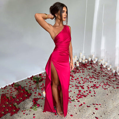 Mila | Satin Split Dress with Off-Shoulder Design