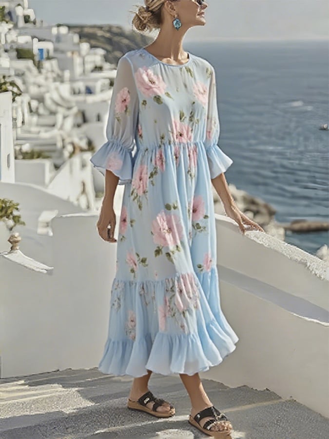 Liliane™ | Light blue chiffon maxi dress with floral print
