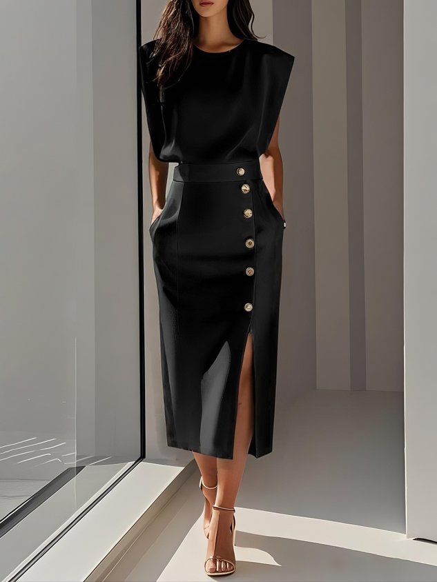 Marlene | Solid Midi Dress with Button Slit and Round Neckline