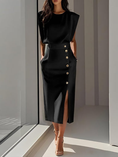 Marlene | Solid Midi Dress with Button Slit and Round Neckline