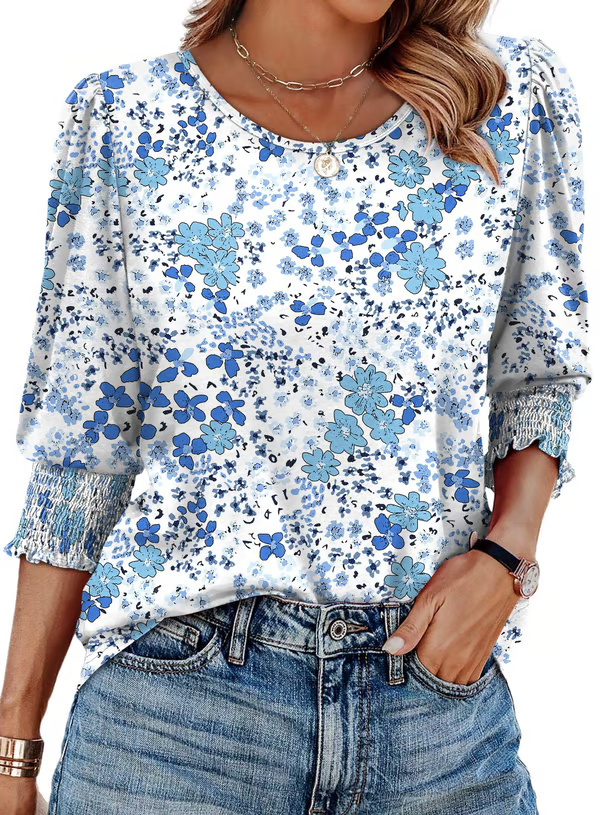 Hazel - Printed Charm Top  Blue Flowers