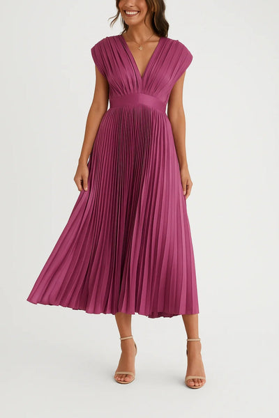 Midi Pleated Dress | V-Neck and Highlighted Waist