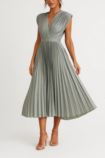 Midi Pleated Dress | V-Neck and Highlighted Waist