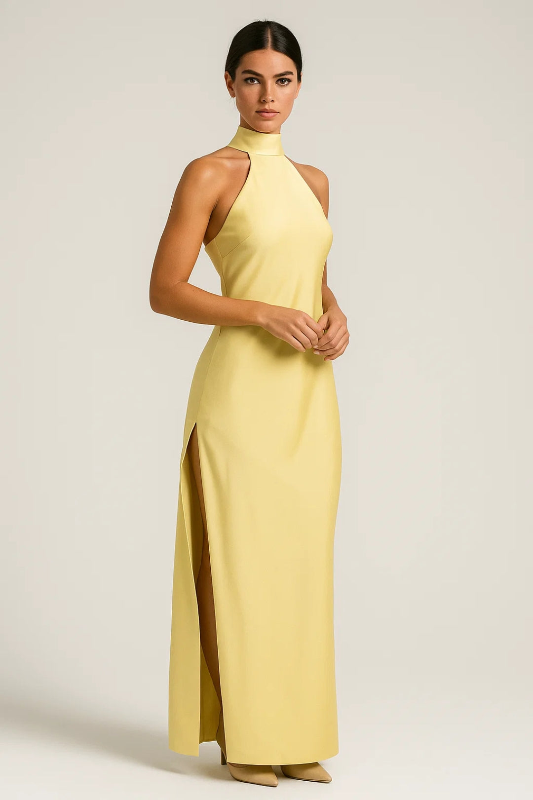 Long dress with American neckline | Bow closure at the back