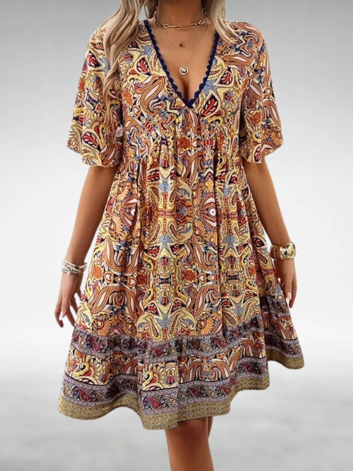 Saylor - Bohemian Paisley Print V Neck Summer Dress