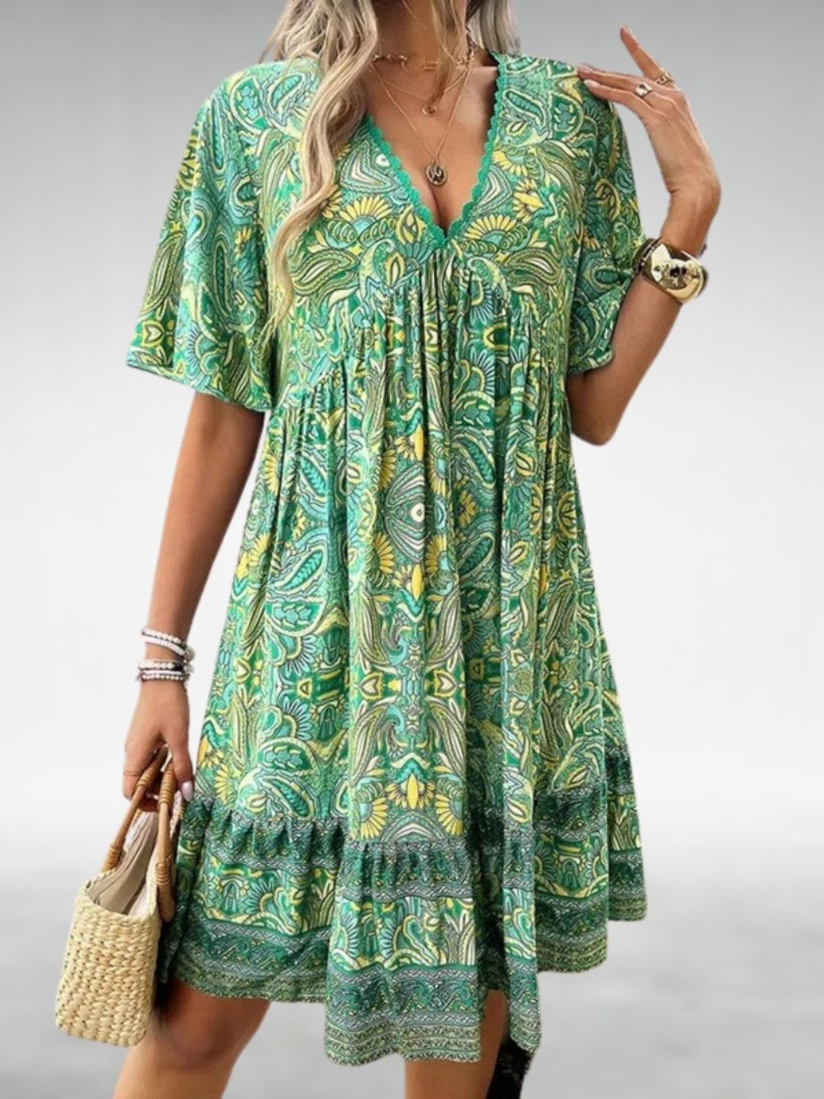 Saylor - Bohemian Paisley Print V Neck Summer Dress