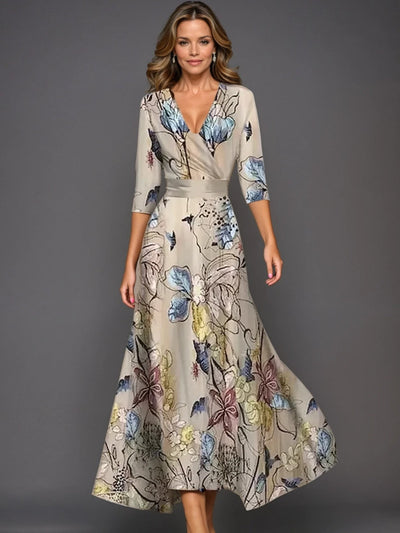 Emily - Printed High Waist Midi Dress with Mid Sleeves