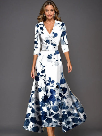 Emily - Printed High Waist Midi Dress with Mid Sleeves