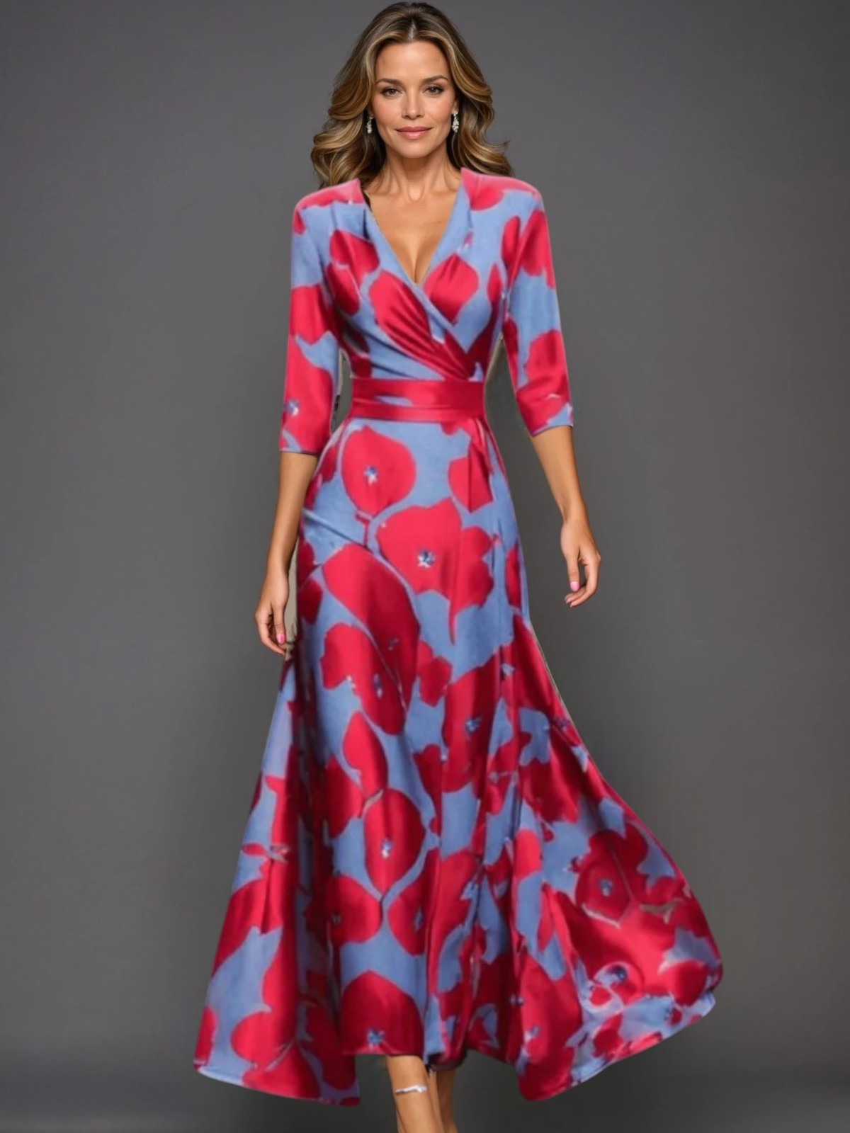 Emily - Printed High Waist Midi Dress with Mid Sleeves