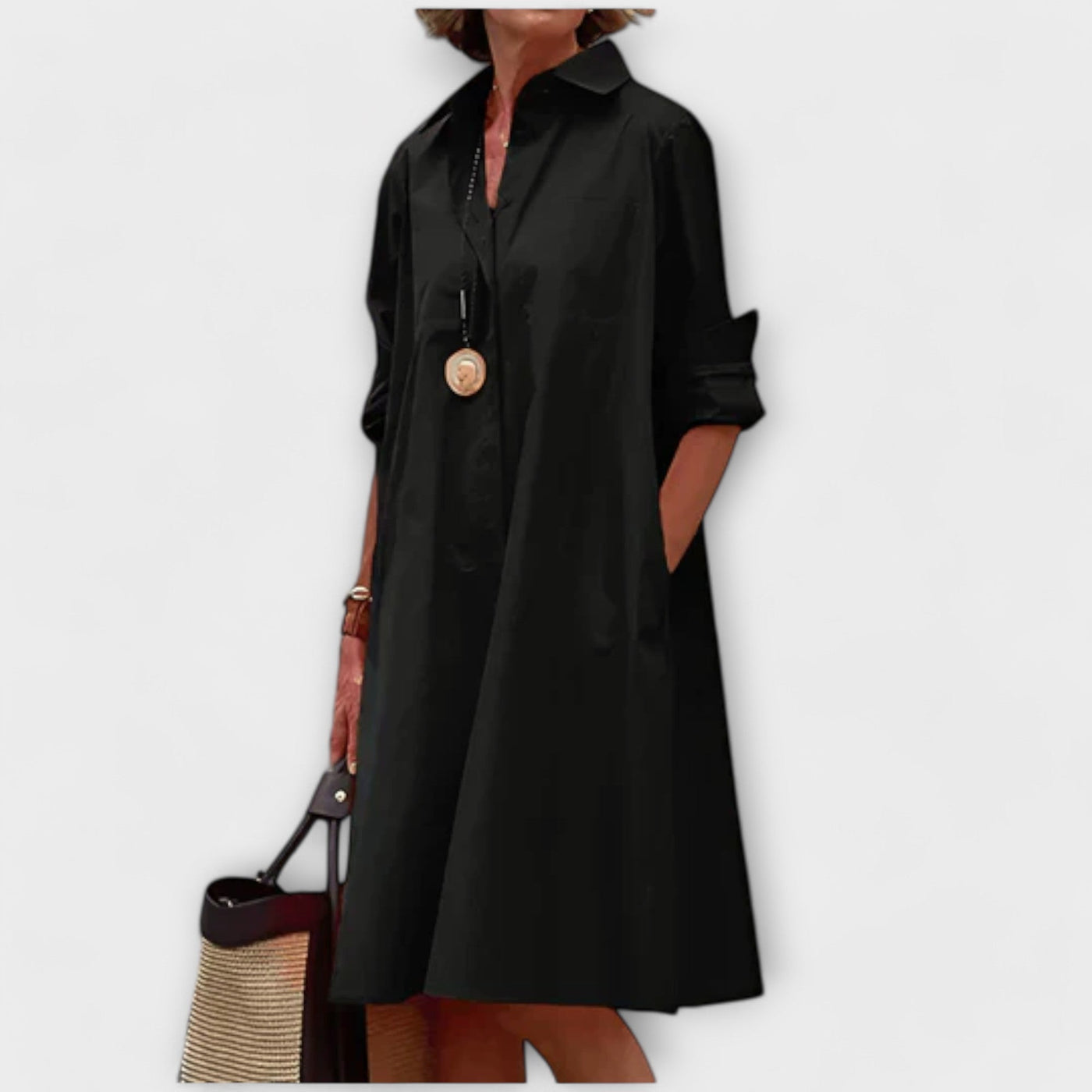 Modern Shirt Dress with Collar and Three-Quarter Sleeves