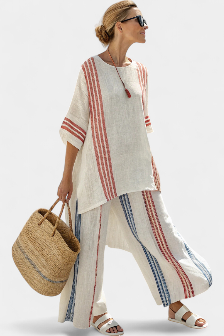 Elena  - Ethnic Bamboo Linen Set with Stripes and Wide Cut