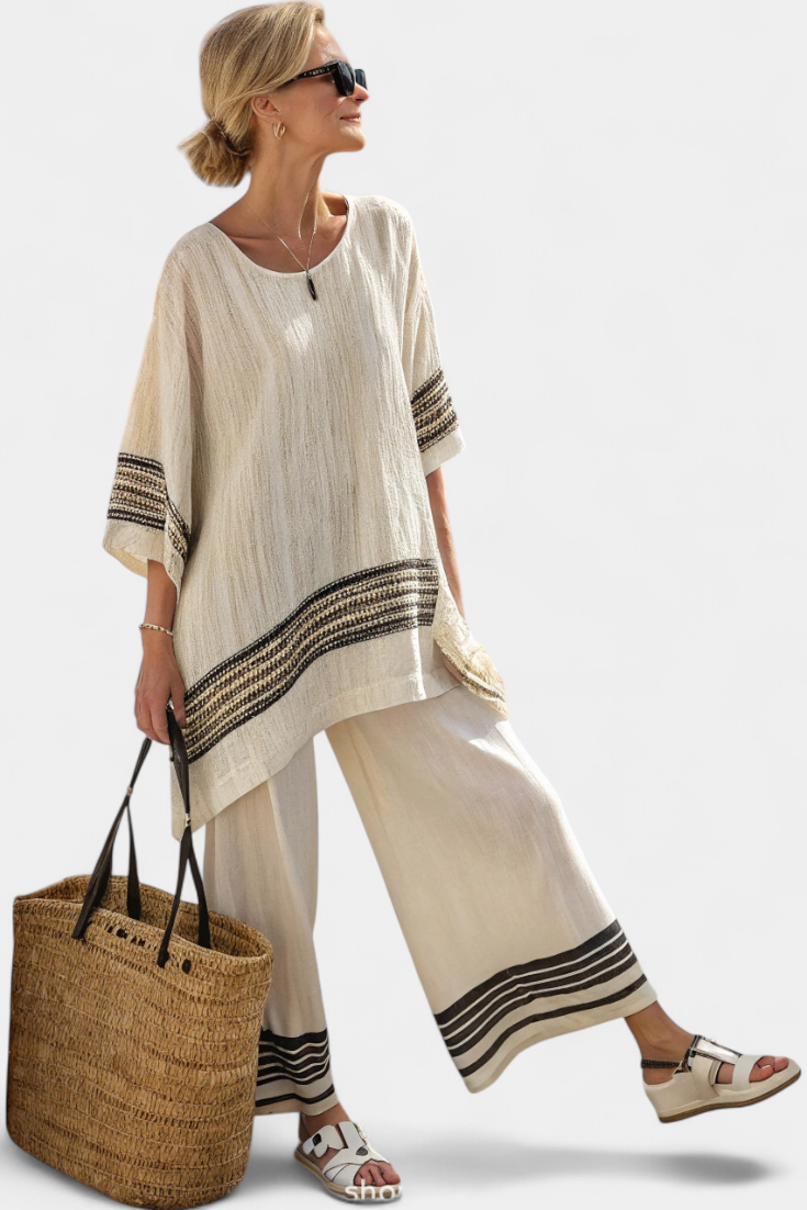 Elena  - Ethnic Bamboo Linen Set with Stripes and Wide Cut
