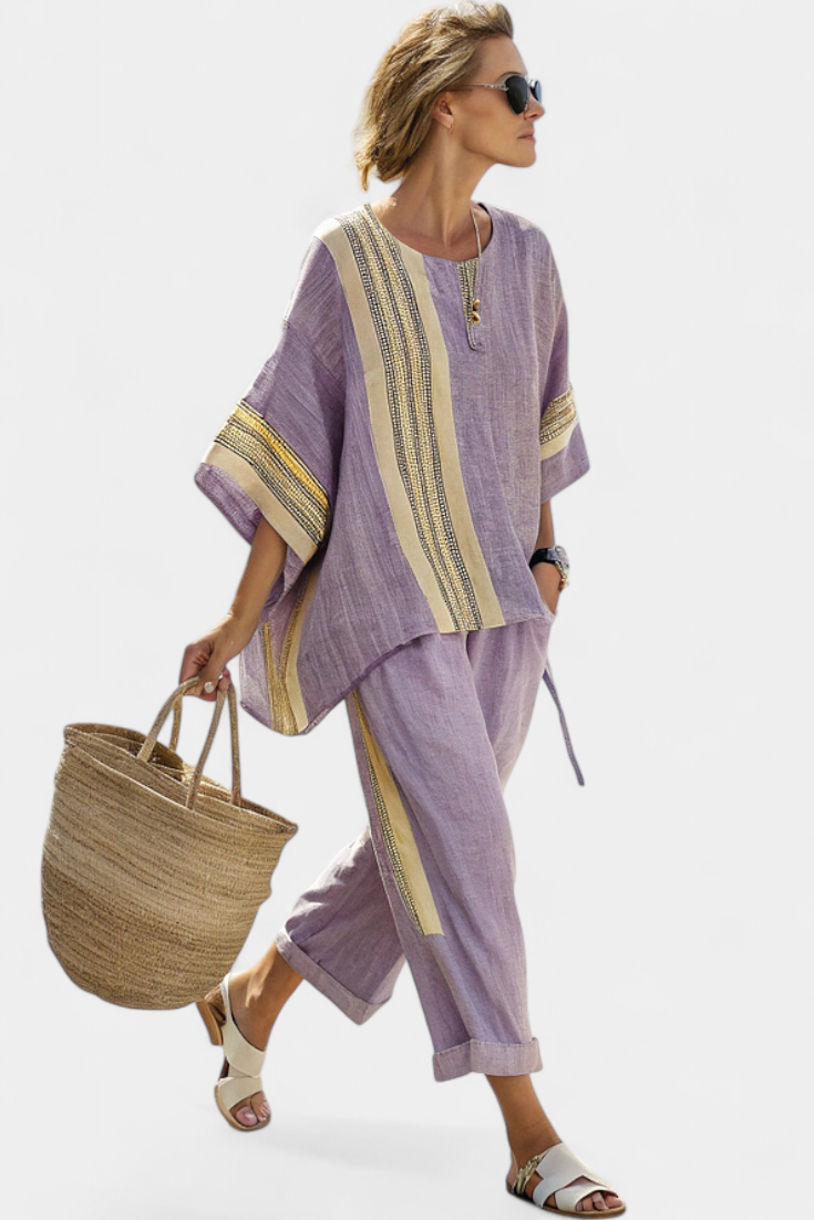 Elena  - Ethnic Bamboo Linen Set with Stripes and Wide Cut
