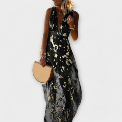 Flowing Dress with V-Neck and Sequin Details