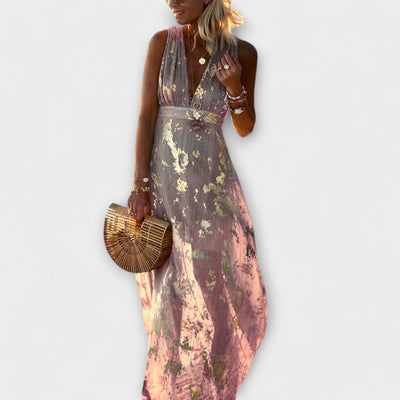 Flowing Dress with V-Neck and Sequin Details