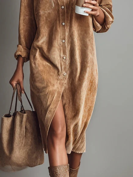 Rose | Loose Corduroy Double Chest Pocket Midi Dress