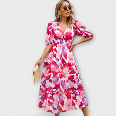 Abstract Maxi Dress with Puff Sleeves