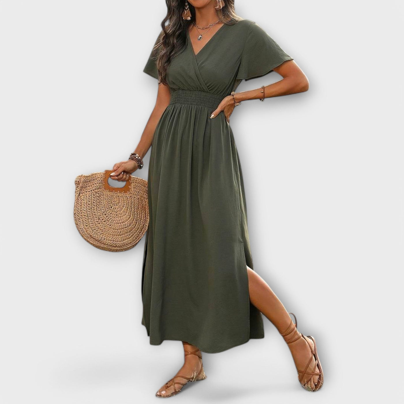 Heather - Elegant Boho Dress with V-Neck and Long Sleeves
