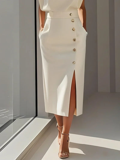 Marlene | Solid Midi Dress with Button Slit and Round Neckline