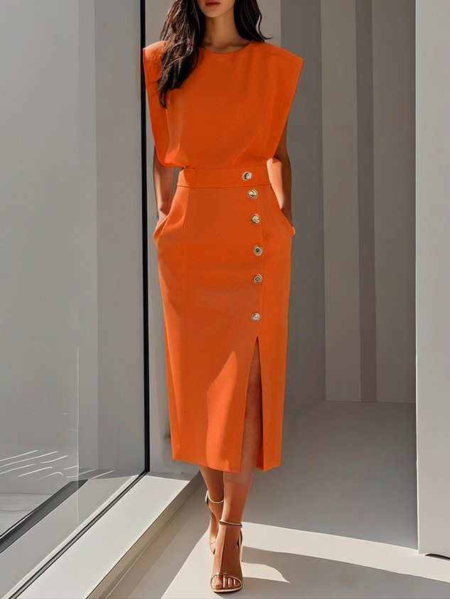 Marlene | Solid Midi Dress with Button Slit and Round Neckline