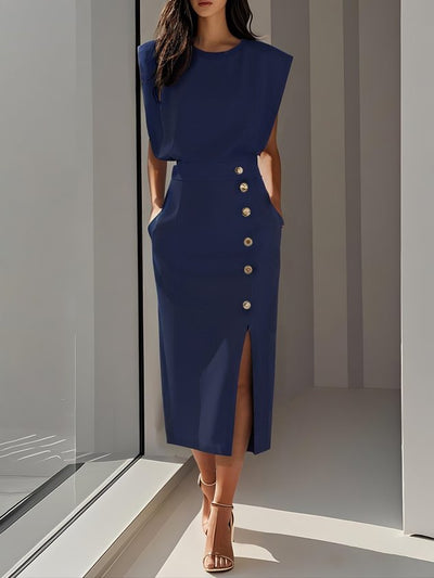 Marlene | Solid Midi Dress with Button Slit and Round Neckline